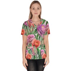 Captivating Watercolor Flowers Women s V-neck Scrub Top by GardenOfOphir