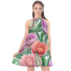 Captivating Watercolor Flowers Halter Neckline Chiffon Dress  by GardenOfOphir