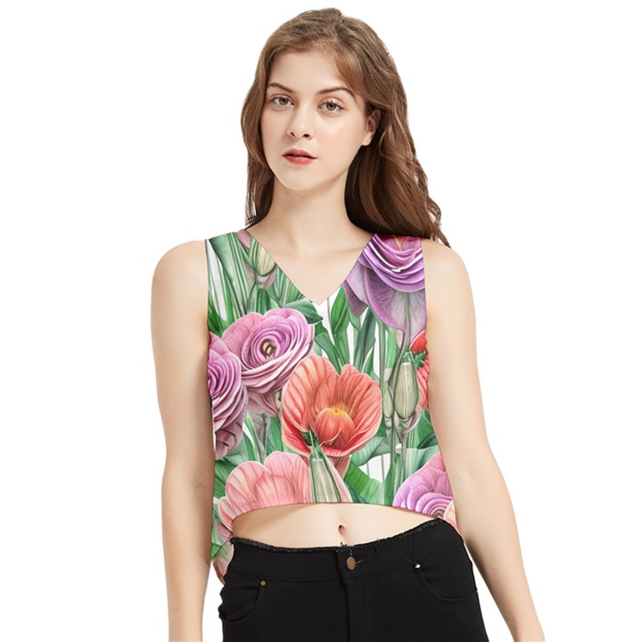 Captivating Watercolor Flowers V-Neck Cropped Tank Top