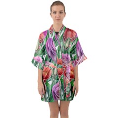 Captivating Watercolor Flowers Half Sleeve Satin Kimono  by GardenOfOphir