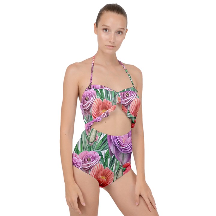 Captivating Watercolor Flowers Scallop Top Cut Out Swimsuit