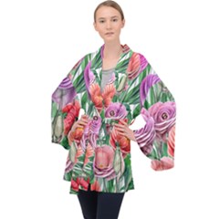 Captivating Watercolor Flowers Long Sleeve Velvet Kimono 