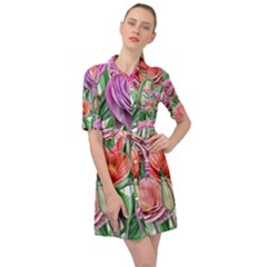 Captivating Watercolor Flowers Belted Shirt Dress by GardenOfOphir