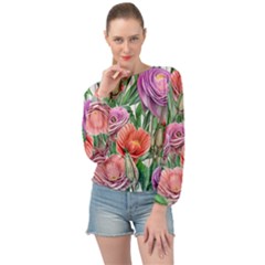 Captivating Watercolor Flowers Banded Bottom Chiffon Top by GardenOfOphir