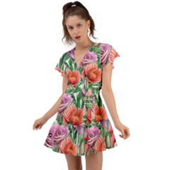 Captivating Watercolor Flowers Flutter Sleeve Wrap Dress by GardenOfOphir