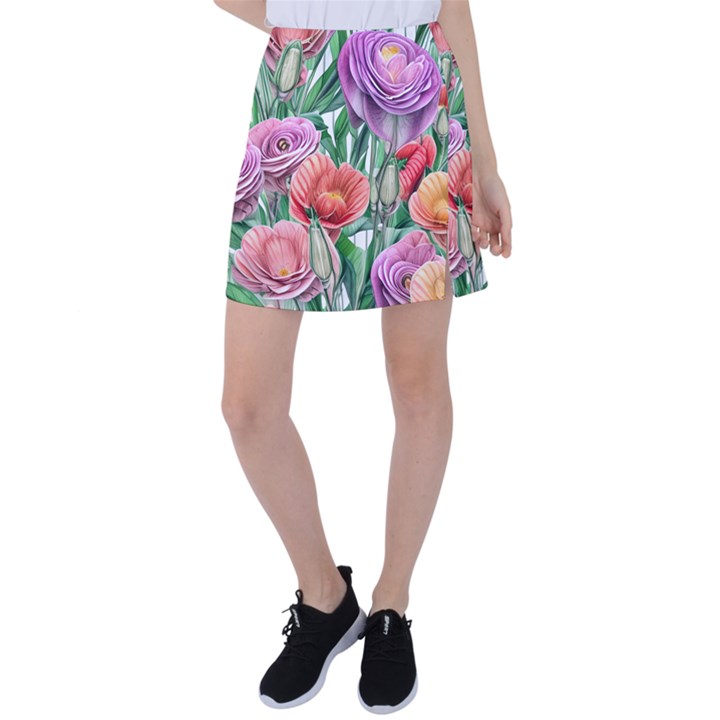 Captivating Watercolor Flowers Tennis Skirt