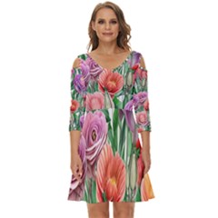 Captivating Watercolor Flowers Shoulder Cut Out Zip Up Dress by GardenOfOphir