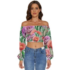 Captivating Watercolor Flowers Long Sleeve Crinkled Weave Crop Top by GardenOfOphir