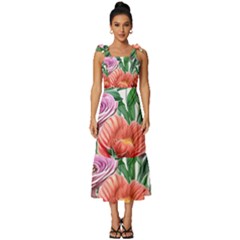 Captivating Watercolor Flowers Tie-strap Tiered Midi Chiffon Dress by GardenOfOphir