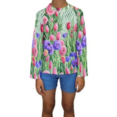 Exquisite Watercolor Flowers Kids  Long Sleeve Swimwear by GardenOfOphir