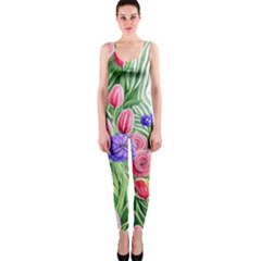 Exquisite Watercolor Flowers One Piece Catsuit by GardenOfOphir