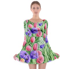 Exquisite Watercolor Flowers Long Sleeve Skater Dress by GardenOfOphir