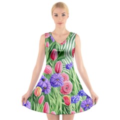 Exquisite Watercolor Flowers V-neck Sleeveless Dress by GardenOfOphir