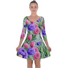 Exquisite Watercolor Flowers Quarter Sleeve Skater Dress by GardenOfOphir