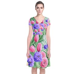 Exquisite Watercolor Flowers Short Sleeve Front Wrap Dress by GardenOfOphir