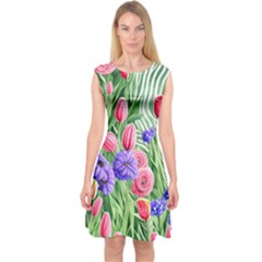 Exquisite Watercolor Flowers Capsleeve Midi Dress by GardenOfOphir