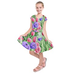 Exquisite Watercolor Flowers Kids  Short Sleeve Dress by GardenOfOphir