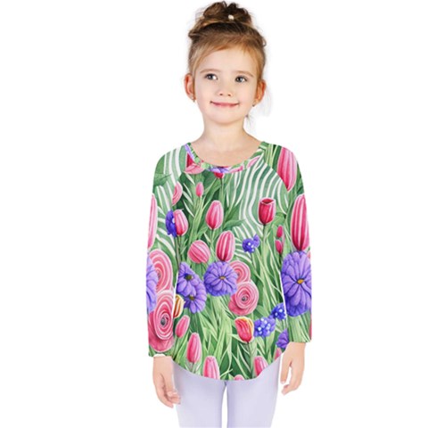 Exquisite Watercolor Flowers Kids  Long Sleeve Tee by GardenOfOphir