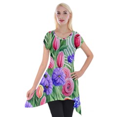 Exquisite Watercolor Flowers Short Sleeve Side Drop Tunic by GardenOfOphir