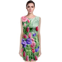 Exquisite Watercolor Flowers Sleeveless Velvet Midi Dress by GardenOfOphir