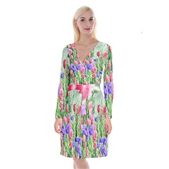 Exquisite Watercolor Flowers Long Sleeve Velvet Front Wrap Dress by GardenOfOphir