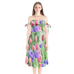 Exquisite Watercolor Flowers Shoulder Tie Bardot Midi Dress by GardenOfOphir