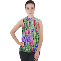 Exquisite Watercolor Flowers Mock Neck Chiffon Sleeveless Top by GardenOfOphir