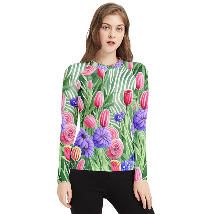 Exquisite watercolor flowers Women s Long Sleeve Rash Guard