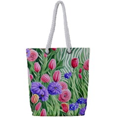 Exquisite Watercolor Flowers Full Print Rope Handle Tote (small) by GardenOfOphir