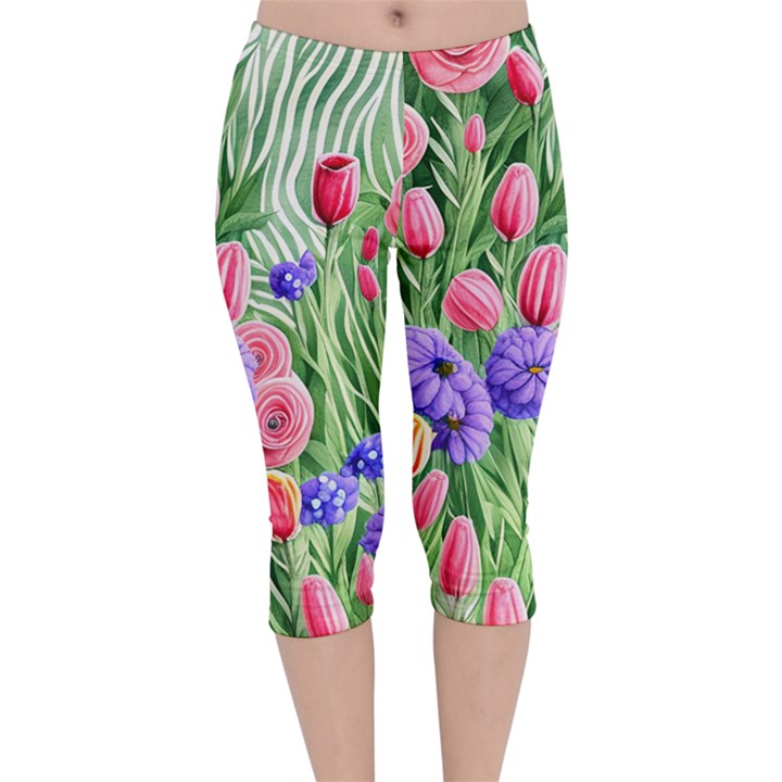 Exquisite watercolor flowers Velvet Capri Leggings 