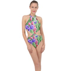 Exquisite Watercolor Flowers Halter Side Cut Swimsuit by GardenOfOphir