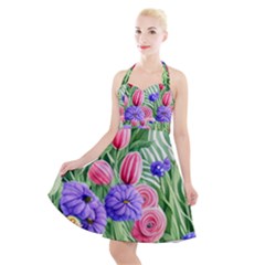 Exquisite Watercolor Flowers Halter Party Swing Dress  by GardenOfOphir