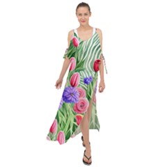 Exquisite Watercolor Flowers Maxi Chiffon Cover Up Dress by GardenOfOphir