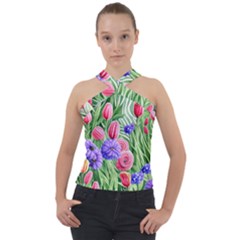 Exquisite Watercolor Flowers Cross Neck Velour Top by GardenOfOphir