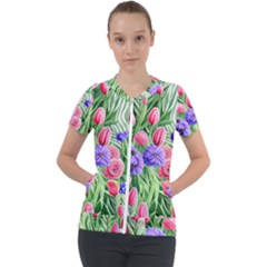 Exquisite Watercolor Flowers Short Sleeve Zip Up Jacket by GardenOfOphir