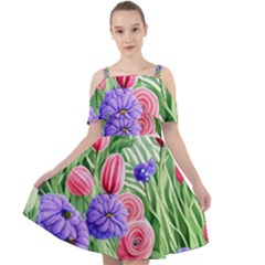 Exquisite Watercolor Flowers Cut Out Shoulders Chiffon Dress by GardenOfOphir