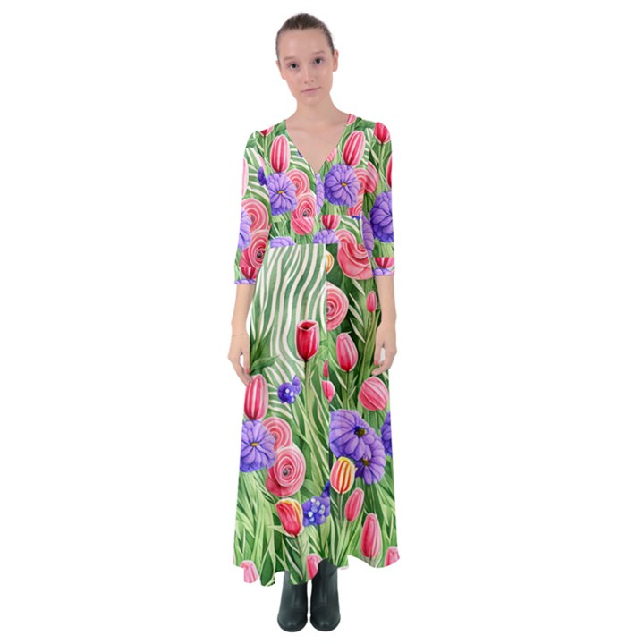 Exquisite watercolor flowers Button Up Maxi Dress