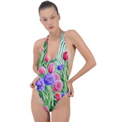 Exquisite Watercolor Flowers Backless Halter One Piece Swimsuit by GardenOfOphir