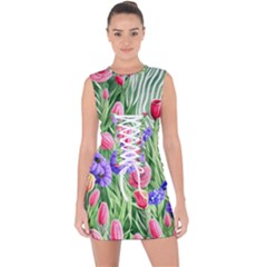 Exquisite Watercolor Flowers Lace Up Front Bodycon Dress by GardenOfOphir