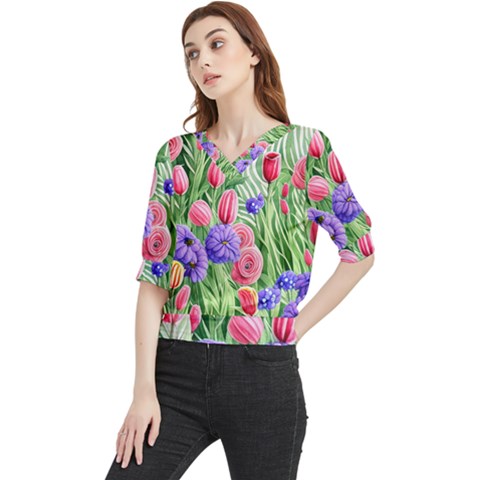 Exquisite Watercolor Flowers Quarter Sleeve Blouse by GardenOfOphir