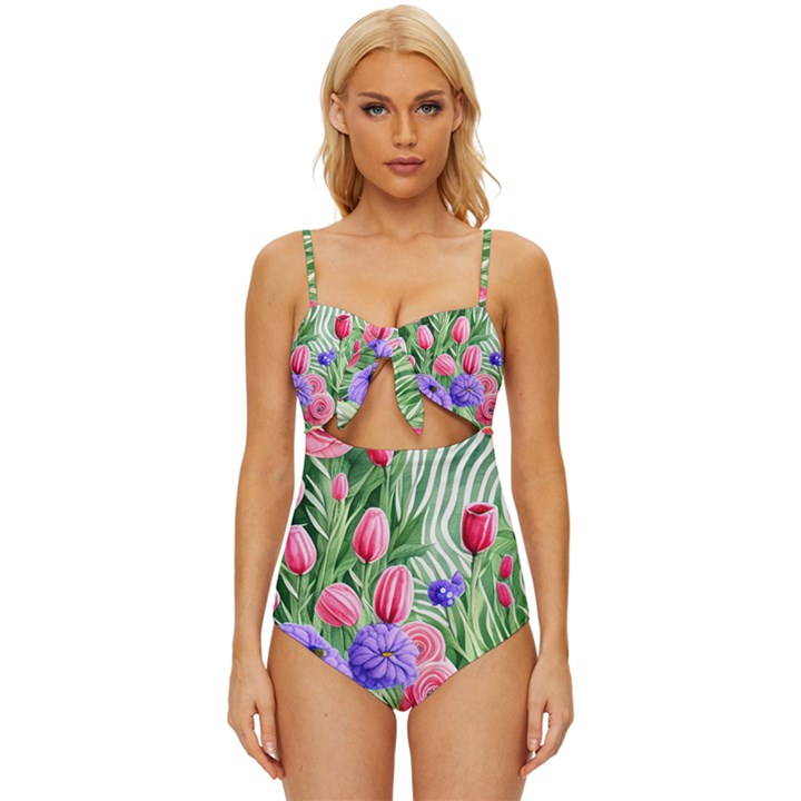 Exquisite watercolor flowers Knot Front One-Piece Swimsuit