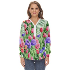 Exquisite Watercolor Flowers Zip Up Long Sleeve Blouse