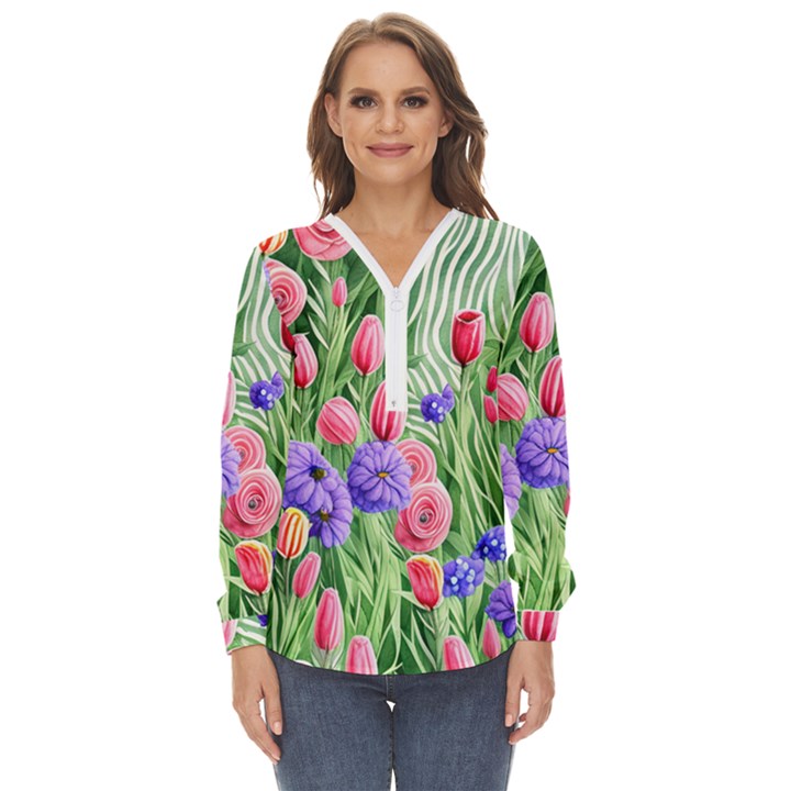 Exquisite watercolor flowers Zip Up Long Sleeve Blouse