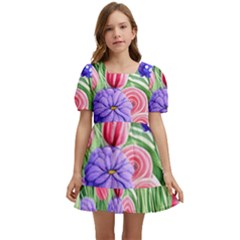 Exquisite Watercolor Flowers Kids  Short Sleeve Dolly Dress by GardenOfOphir