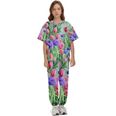 Exquisite Watercolor Flowers Kids  Tee And Pants Sports Set by GardenOfOphir