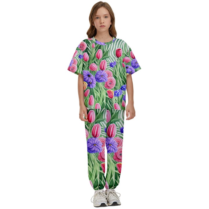 Exquisite watercolor flowers Kids  Tee and Pants Sports Set