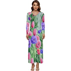 Exquisite Watercolor Flowers Long Sleeve Longline Maxi Dress by GardenOfOphir