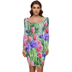 Exquisite Watercolor Flowers Women Long Sleeve Ruched Stretch Jersey Dress by GardenOfOphir