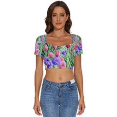 Exquisite Watercolor Flowers Short Sleeve Square Neckline Crop Top  by GardenOfOphir