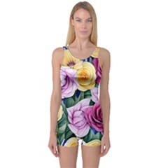 Cherished Watercolor Flowers One Piece Boyleg Swimsuit by GardenOfOphir